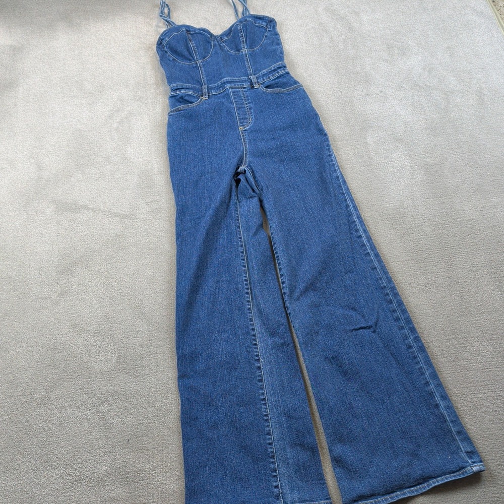 PacSun Denim Jumpsuit Womens Medium Blue Bustier Wide Leg Spaghetti Strap Jean
